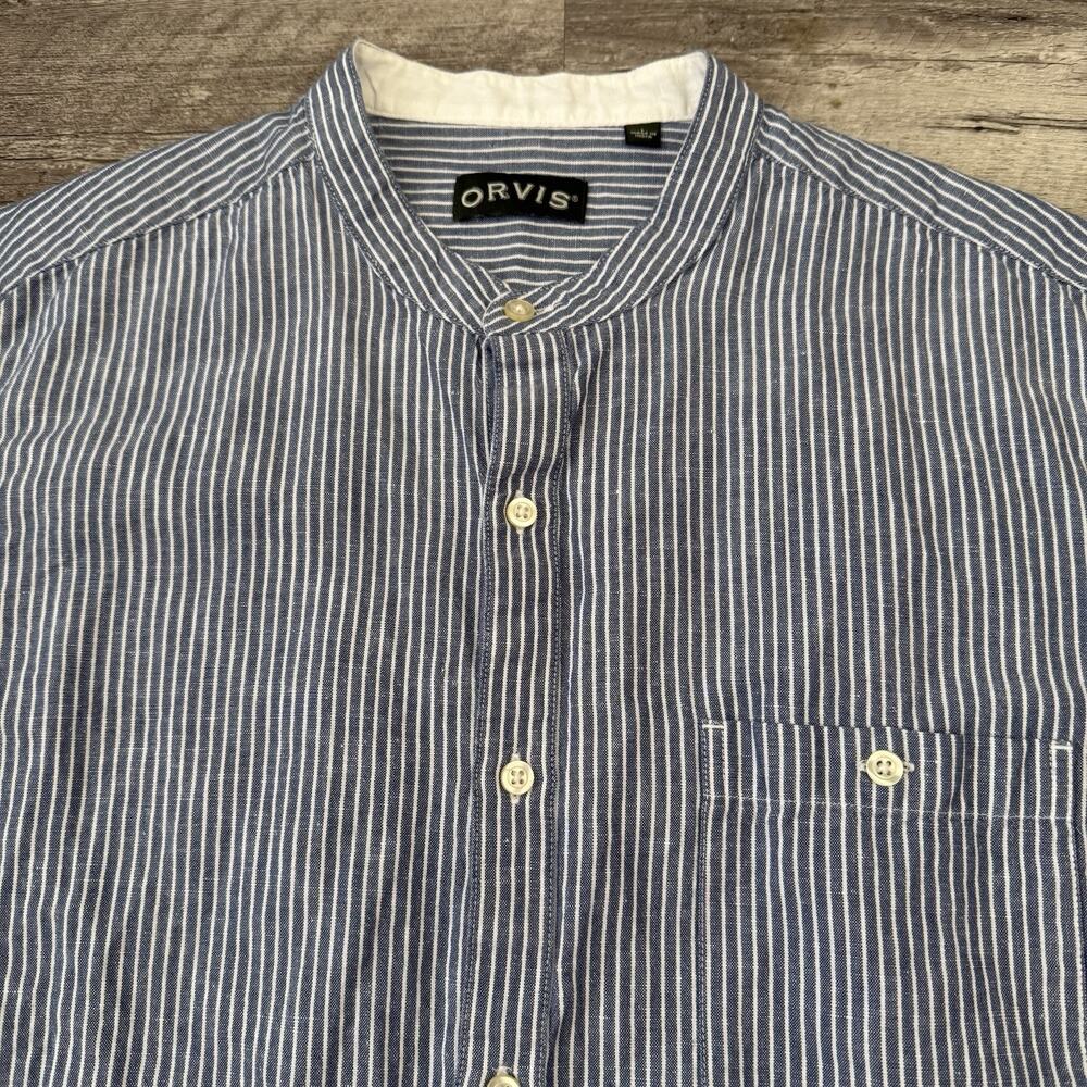 Orvis Linen Blend Band Collar Shirt Mens Size Large Blue Railroad Stripe Button